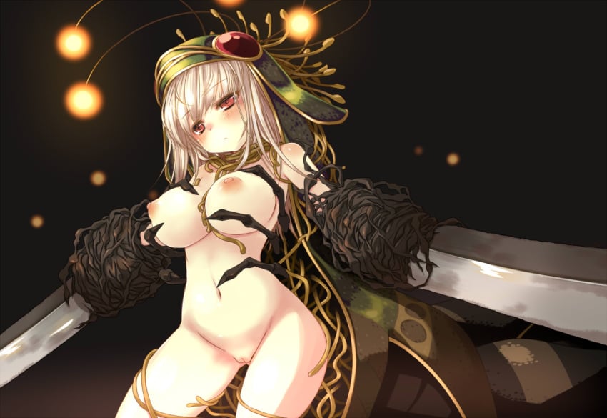 1girls blade blush breasts dual_wielding fat_mons female insect_girl maya_(ragnarok_online) nipples nude pussy ragnarok_online red_eyes slit_pupils solo sword uncensored wagiwogi weapon white_hair