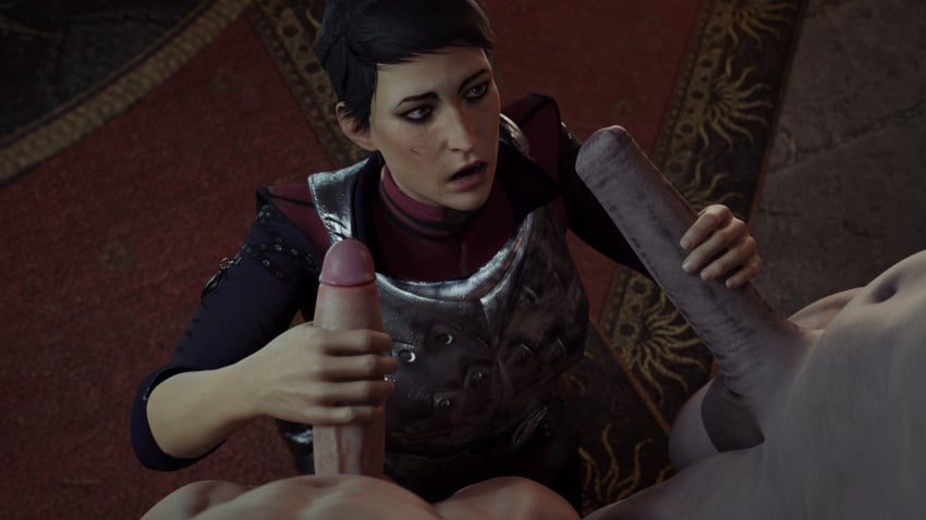 1girls 2boys 3d big_penis bluelight cassandra_pentaghast clothed cock_shock dragon_age dragon_age_inquisition handjob iron_bull kneeling penis qunari scar short_hair size_difference surprised