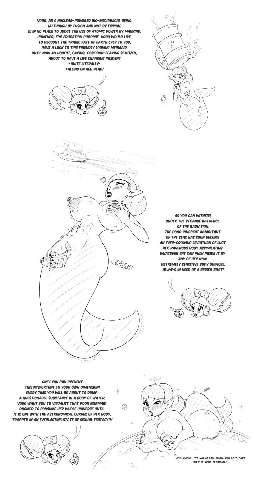 2022 absurd_res belly big_breasts breasts duo english_text female frakass genitals hi_res macro marine merfolk mermaid monochrome nipples planet pussy simple_background split_form text white_background