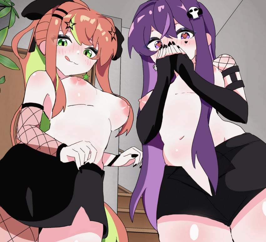 animated breasts doki_doki_literature_club eclipxare fishnets goth hd monika_(doki_doki_literature_club) orange_hair purple_hair shirtless skirt unzipped_skirt yuri_(doki_doki_literature_club)