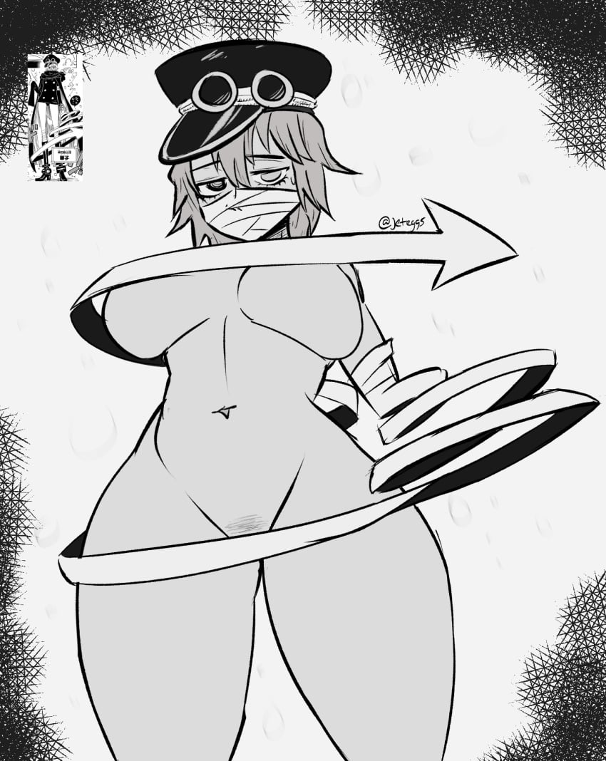 1girls arrow bandaged_head big_breasts convenient_censoring convenient_censorship female female_only gunko half-closed_eyes hat jeteggs large_breasts mask nude one_piece post-timeskip pubes pubic_hair reference_image solo solo_female solo_focus thick thick_legs thick_thighs