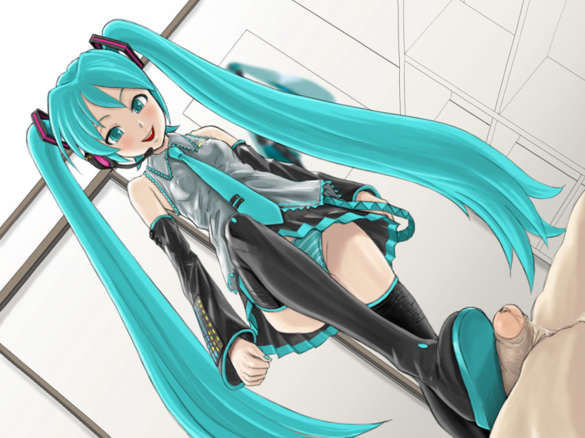 aqua_eyes aqua_hair bootjob boots detached_sleeves dutch_angle erect_nipples female hatsune_miku headset long_hair necktie panties penis pierre_iwashi precum shoejob skirt smile striped striped_panties thigh_boots thighhighs tied_hair twintails underwear upskirt very_long_hair vocaloid