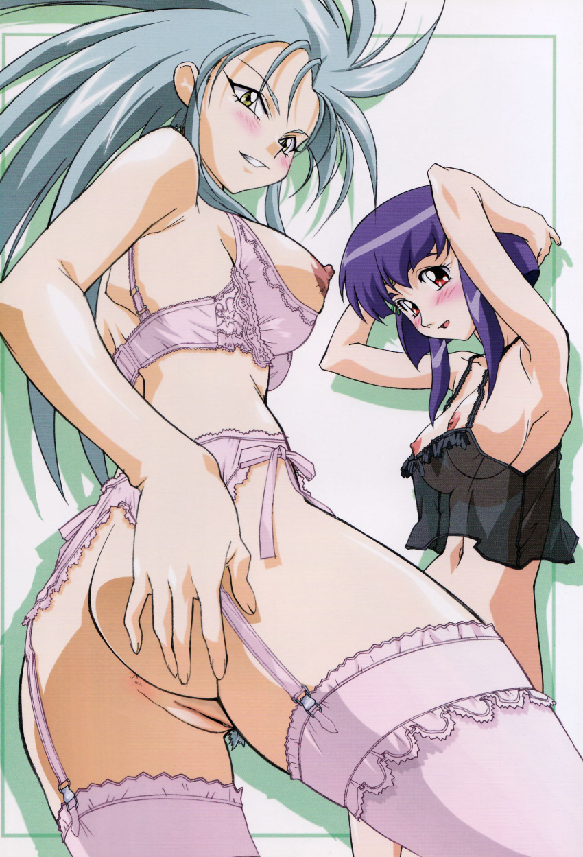 ass ayeka_masaki_jurai blush bottomless bra breasts camisole decensored female garter_belt high_resolution lingerie long_hair nipples photoshop pink_bra pussy ryoko_hakubi see-through tenchi_muyo! thighhighs uncensored underwear