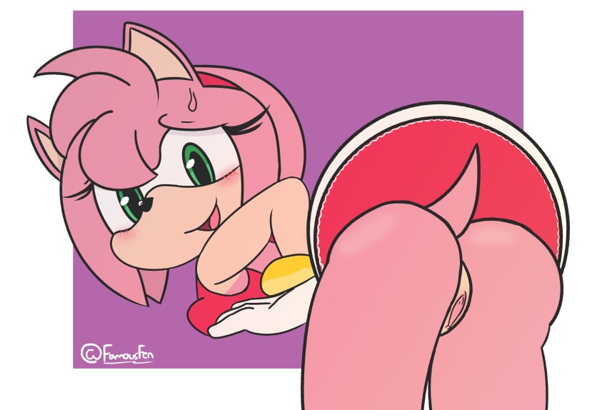 absurd_res amy_rose anthro arms_bent ass bent_over blush bracelet breast_squish breasts clothed clothing digital_drawing_(artwork) digital_media_(artwork) dress eulipotyphlan famousfen female genitals gloves hair handwear hedgehog hi_res jewelry looking_at_viewer looking_back mammal open_mouth open_smile pink_body pink_hair presenting presenting_hindquarters presenting_pussy pussy redraw sega smile solo sonic_the_hedgehog_(series) squish upskirt