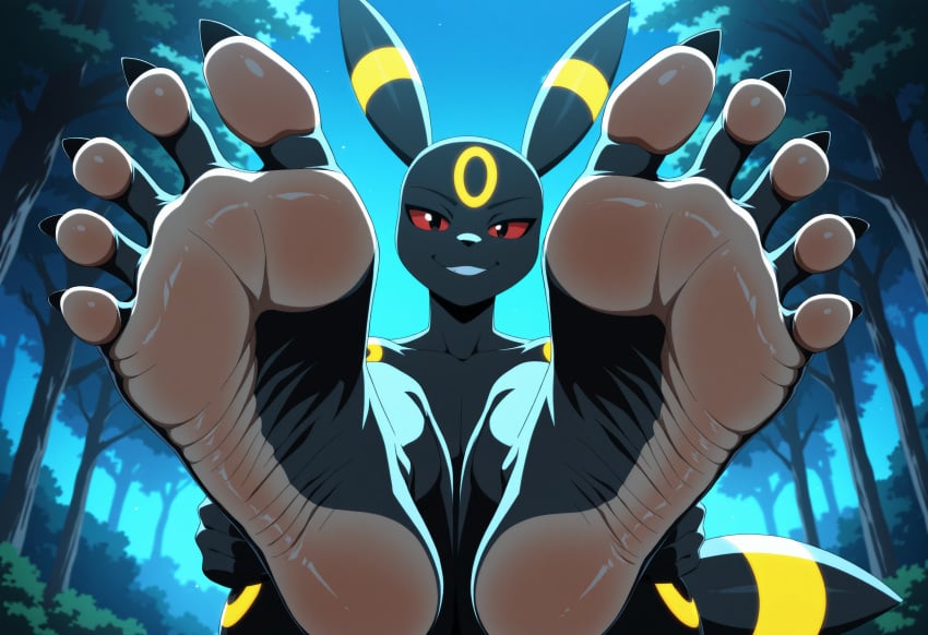 ai_generated background black_fur black_toenails feet feet_together foot_fetish fuealahomg furry high_resolution highres nature nature_background pokemon pokemon_(species) red_eyes sexy_feet sitting smiling soles solo spread_toes toenails toes umbreon wrinkled_soles yellow_fur