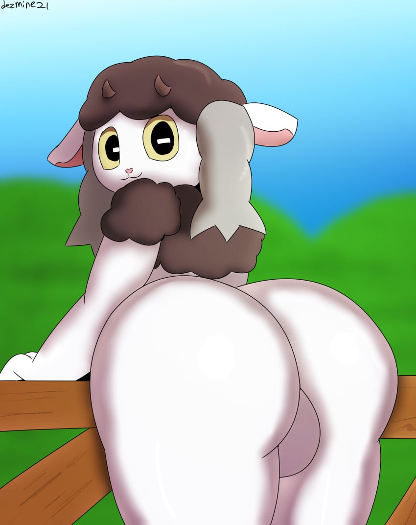 absurd_res anthro ass balls bovid caprine cupcake_(rtgames) dezmine21 femboy fence genitals girly heart heart_nose hi_res looking_at_viewer male male_only mammal nintendo pokemon pokemon_(species) solo video_games wooloo