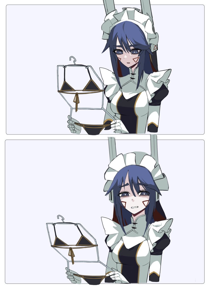 2d 2koma bikini bikini_removed comic embarrassed girls_reacting_to_bikini_(meme) holding_clothes_hanger looking_at_object looking_at_viewer maid meme nervous pea_(artist)