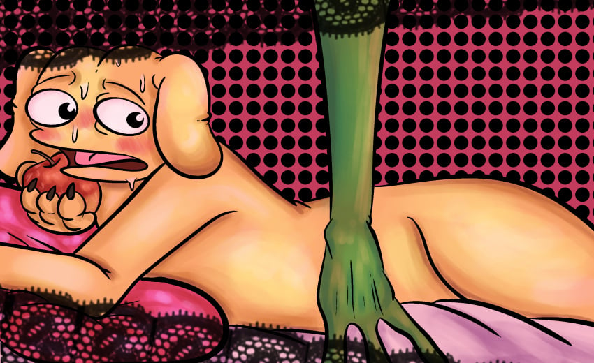 amphibian andy_(boy’s_club) apple artistic_nude blush boy’s_club canine dog_ears eating eating_food fattybigness frog green_body hidden_genitalia hidden_penis nude on on_bed pepe_the_frog pillow redraw yellow_body yellow_fur