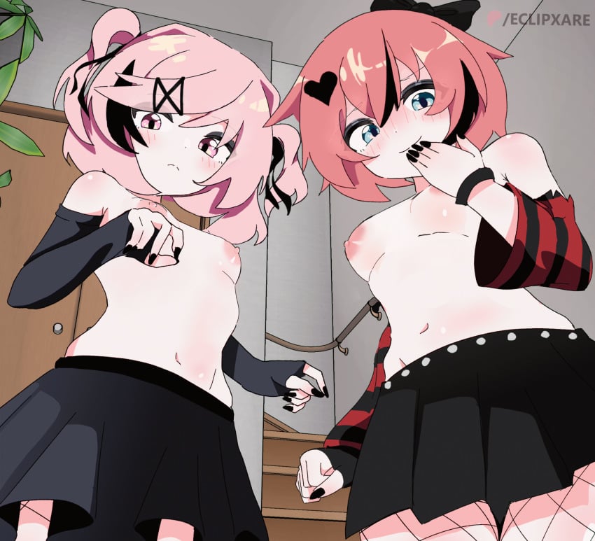 animated eclipxare fishnets goth hd laugh laughing looking_at_viewer looking_down natsuki_(doki_doki_literature_club) sayori_(doki_doki_literature_club) shirtless skirt topless