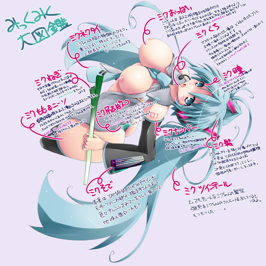 1girls aqua_eyes aqua_hair ass bare_shoulders breasts detached_sleeves female food hatsune_miku headset high_resolution large_breasts long_hair microphone necktie nipples open_clothes open_mouth panties popped_button popped_buttons scatter_milk solo spring_onion striped_panties tied_hair twintails underwear vocaloid