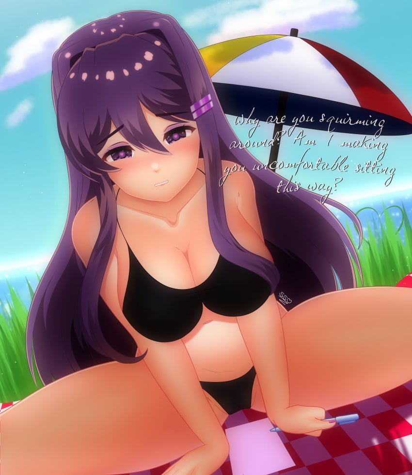 1female 1girls artist_name artist_signature asking_a_question bare_shoulders big_breasts bikini bikini_bottom bikini_top black_bikini black_bikini_bottom black_bikini_top blush breasts cleavage collarbone doki_doki_literature_club embarrassed embarrassed_female english_text female female_focus grass hair_intakes heart-shaped_pupils holding holding_object holding_pen human human_focus human_only long_hair object paper pen picnic picnic_blanket purple_eyes purple_hair question scribblysuki signature solo_focus text thick_thighs thighs umbrella yuri_(doki_doki_literature_club)