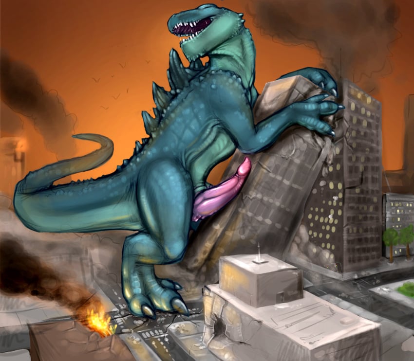 1boy building_destruction destruction dragon erection feral giant_male godzilla godzilla_(series) kaiju macro macro_male male male_only micro_on_macro penis posing scalie solo tojo_the_thief zilla