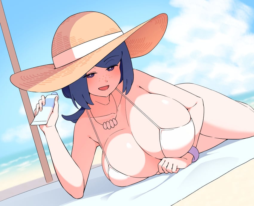 1girls 2026 beach big_breasts bikini blue_hair cleavage huge_breasts lana's_mother_(pokemon) looking_at_viewer milf pokemon solo solo_female sunscreen tagme toba_tsutsumi