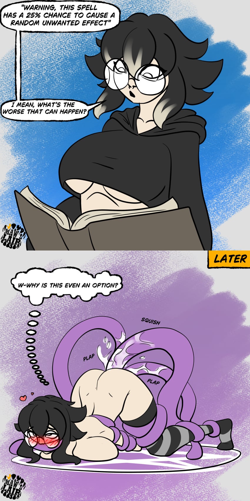 1girls black_hair blair_(mawslair) comic comic_strip gagged glasses hoodie maws_lair restrained self_upload speech_bubble spell stockings tentacle tentacle_rape tentacle_sex thick_thighs witch