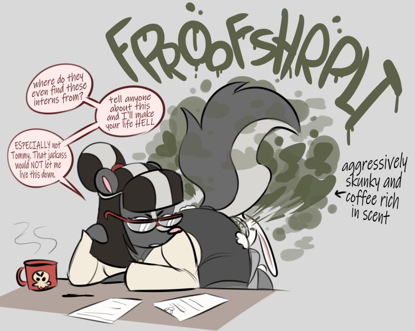 anthro anthro_on_anthro coffee coffee_mug coworkers crying dialogue dominant_female ears_down english_text fart fart_cloud fart_fetish farting farting_in_face female flatulance furry gas glasses green_fart grey_body iamapoliceman long_ears male male/female office_clothing office_lady rabbit size_difference skunk smaller_male smelly smelly_farts submissive_male tears threatening uniform white_body