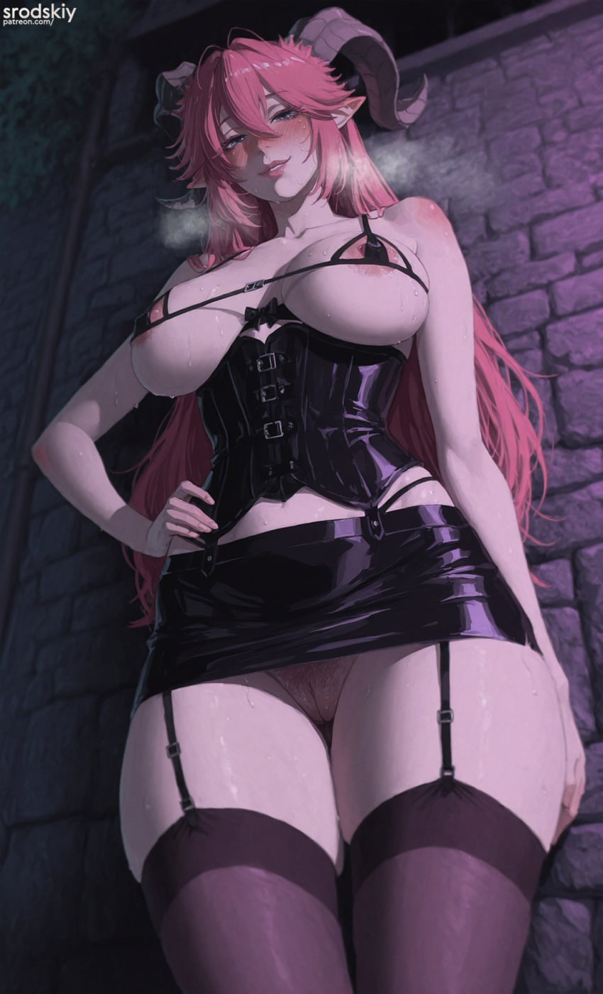 1girls ai_generated alley asmodeus asmodeus_(sin_nanatsu_no_taizai) corset demon_girl elf female garter_belt garter_straps hairy_pussy hentai microskirt miniskirt no_panties pencil_skirt prostitution pussy sexy sexy_female sin_nanatsu_no_taizai slutty_female smirk srodskiy stockings succubus tagme vulgar