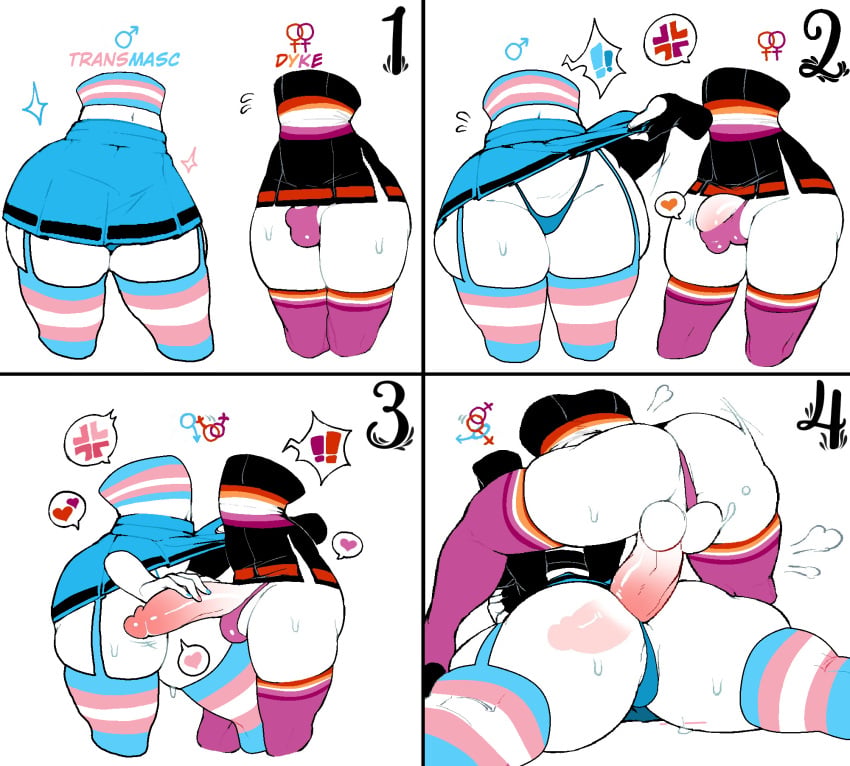 !! 1boy 1girls 4_panel_comic anal anal_insertion anal_penetration anger_vein bulge dizzyspells edit erection gender_symbol gender_symbol_penetration heart_symbol hearts homophobic_slur instant_loss_4koma lesbian lesbian_pride_colors lesbian_with_male orientation_play orientation_play_(explicit) recolor redraw ship_dynamics slur tagme thigh_highs third-party_edit trans_man trans_man_penetrated trans_woman transbian transdom transfem transmasc