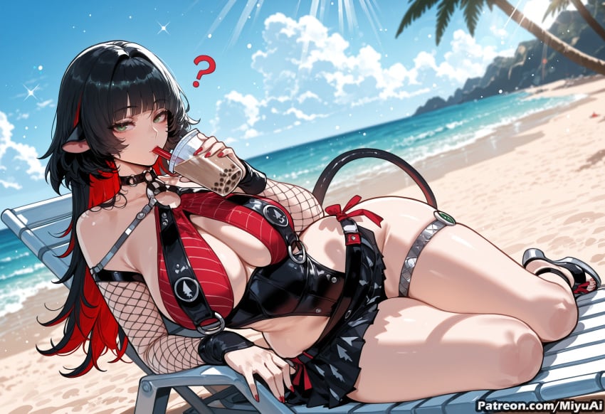 1girl ? ai_assisted ai_generated bangs beach belt black_hair black_nails black_swimsuit blue_sky breasts cleavage cloud collar curvaceous curvy curvy_female curvy_figure day drinking_straw female fishnet_legwear fishnets green_eyes halterneck horizon jane_doe_(zenless_zone_zero) large_breasts long_hair looking_at_viewer lying miyuai multicolored_hair nail_polish o-ring ocean one-piece_swimsuit outdoors palm_tree pointy_ears red_nails sand sandals shore sky solo sparkle streaked_hair swimsuit tail thick thick_ass thick_butt thick_hips thick_legs thick_thighs thigh_strap thighs tree voluptuous voluptuous_female water wide_hips wide_thighs zenless_zone_zero