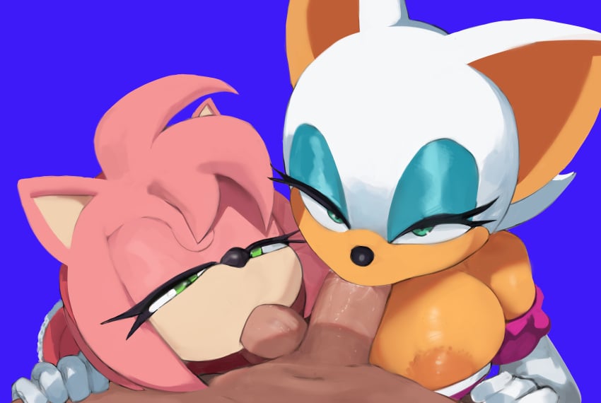 1boy 1girls 2girls amy_rose anon cranihum female female_focus male oral pov pov_eye_contact rouge_the_bat sega sonic_(series) sonic_the_hedgehog_(series)