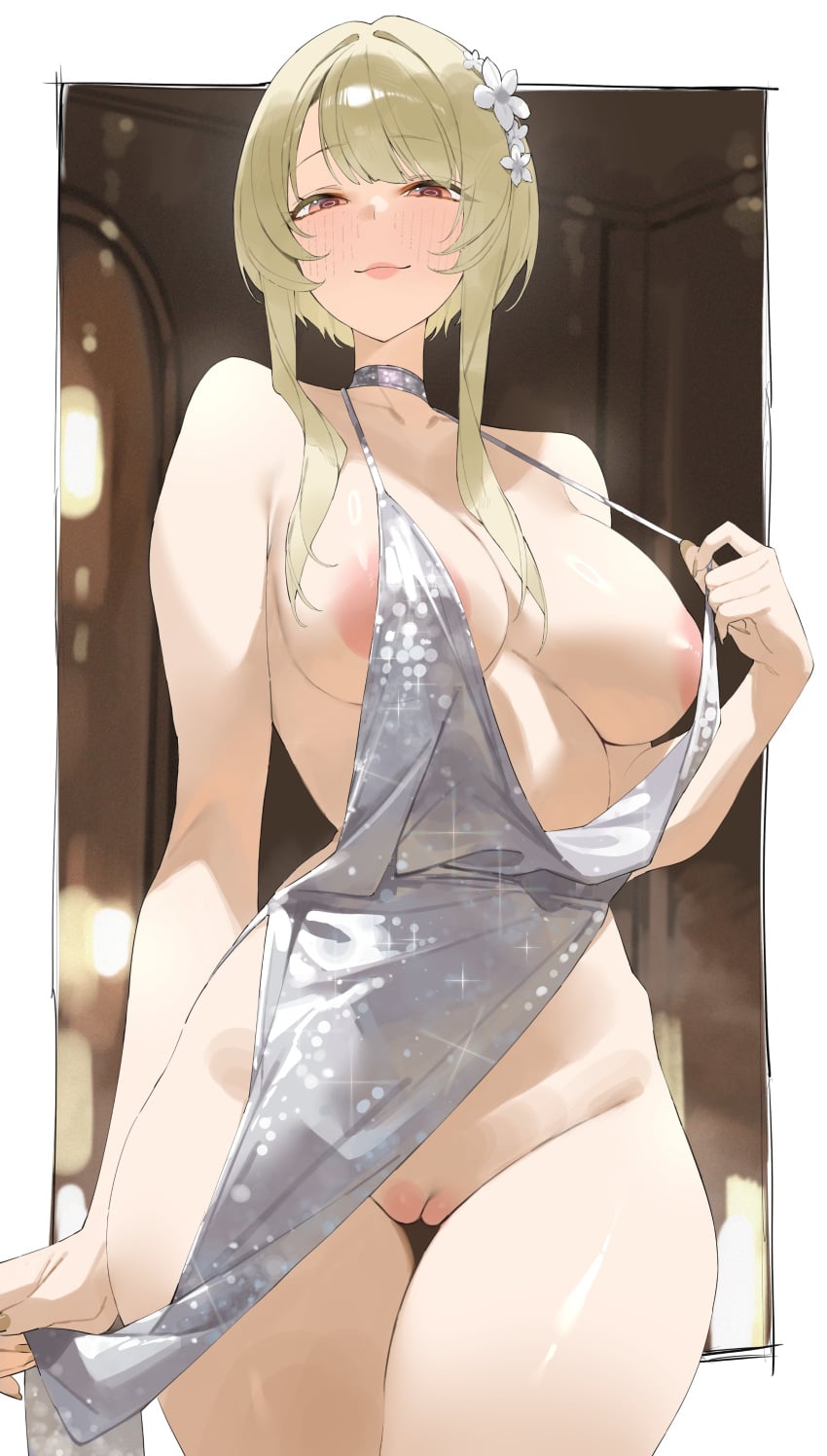 1girl absurdres azur_lane blonde_hair breasts byeon_dha closed_mouth cosplay dress evening_gown flower glitter_dress hair_flower hair_ornament highres juneau_(azur_lane) large_areolae large_breasts looking_at_viewer nipples pussy red_eyes revealing_clothes short_hair_with_long_locks silver_dress smile solo st._louis_(azur_lane) st._louis_(azur_lane)_(cosplay) st._louis_(luxurious_wheels)_(azur_lane) white_flower