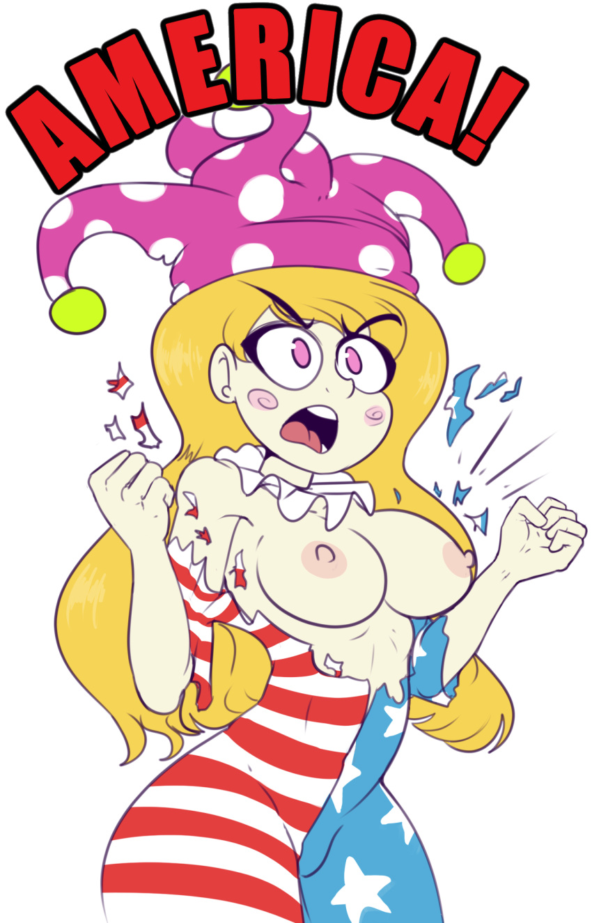 1girls american_flag american_flag_bodysuit angry bhloopy blonde_hair breasts clownpiece female open_mouth purple_eyes ripped_clothing touhou