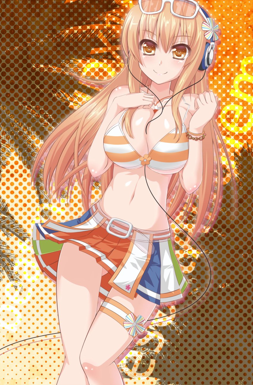 beatmania beatmania_iidx between_breasts bikini bikini_top blonde_hair bracelet breasts cord_between_breasts female garter garters glasses glasses_on_head hair_ornament hand_on_chest headphones highres huge_breasts jewelry leg_garter long_hair megawatt navel necklace orange_eyes pleated_skirt skirt smile solo standing thigh_gap thighs umegiri_iroha