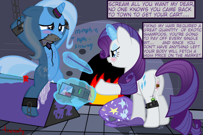 blush body_writing bondage bound camera chains cum cutie_mark english_text equine female feral for_sale forced friendship_is_magic gag gagged horn masturbation my_little_pony pussy pussy_juice rarity_(mlp) recording sex_slave slave smooth_skin tape text tiarawhy torture trixie_(mlp) trixie_lulamoon unicorn whip wooden_horse yuri