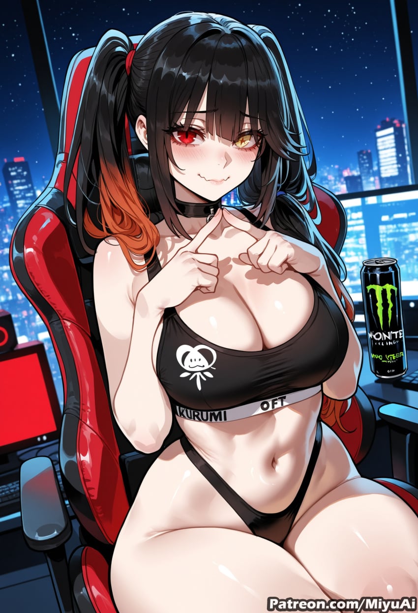 1girl ai_assisted ai_generated backpack bangs bare_shoulders black_hair blush breasts chair choker cleavage closed_mouth clothes_writing collarbone curvaceous curvy curvy_female curvy_figure date_a_live eyebrows_visible_through_hair female heterochromia highleg highleg_panties large_breasts long_hair looking_at_viewer miyuai navel night night_sky panties red_eyes sidelocks sitting sky smile solo sports_bra star_(sky) starry_sky thick thick_ass thick_butt thick_hips thick_legs thick_thighs thighs tokisaki_kurumi twintails underwear voluptuous voluptuous_female watermark wide_hips wide_thighs yellow_eyes
