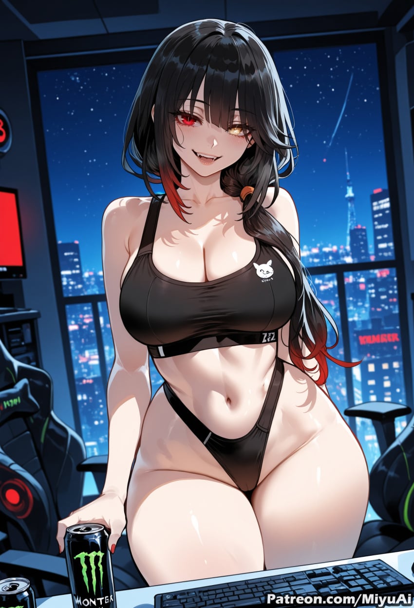 1girl ai_assisted ai_generated bangs bare_shoulders black_hair breasts can cleavage collarbone crop_top curvaceous curvy curvy_female curvy_figure date_a_live eyebrows_visible_through_hair female large_breasts long_hair looking_at_viewer miyuai navel night night_sky panties red_eyes sky smile solo sports_bra star_(sky) starry_sky thick thick_ass thick_butt thick_hips thick_legs thick_thighs thighs tokisaki_kurumi underwear voluptuous voluptuous_female wide_hips wide_thighs