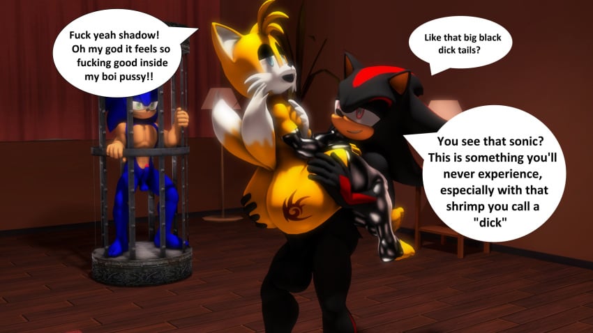 3boys 3d 3d_(artwork) anal anal_sex anthro anthro_on_anthro balls black_armwear black_fur black_legwear blue_fur cage canid canine carrying cuck cuckold dialogue femboy fox furry furry_male furry_only gay gay_sex genitals hand_on_ass hedgehog indoors interspecies legwear looking_at_another male male/male mammal mature mature_male miles_prower nude open_mouth penis_in_anus sega sex shadow_the_hedgehog sonic_(series) sonic_the_hedgehog sonic_the_hedgehog_(series) sonicthebitch standing standing_sex tail tails_the_fox tattoo tattoo_on_ass yaoi yellow_fur