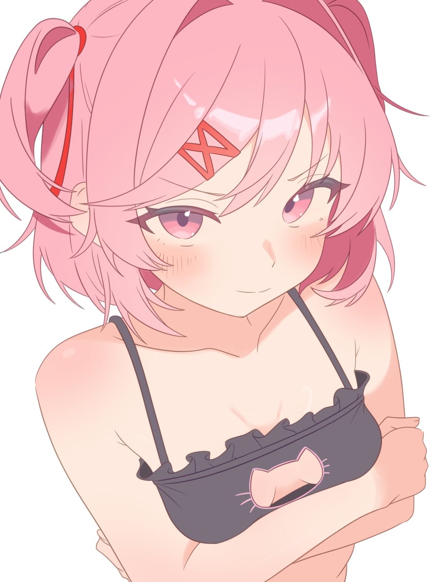 1girl absurdres black_bra blush bra breasts cat_cutout cat_lingerie cleavage cleavage_cutout clothing_cutout collarbone commentary crossed_arms dated_commentary ddlc doki_doki_literature_club doki_doki_literature_club! frilled_bra frills hair_ornament hair_ribbon hairclip highres looking_at_viewer natsuki_(doki_doki_literature_club) noire_neige pink_eyes pink_hair png questionable red_ribbon ribbon serenity_forge short_hair simple_background small_breasts smile solo swept_bangs team_salvato underwear untranslatable_commentary white_background x_hair_ornament