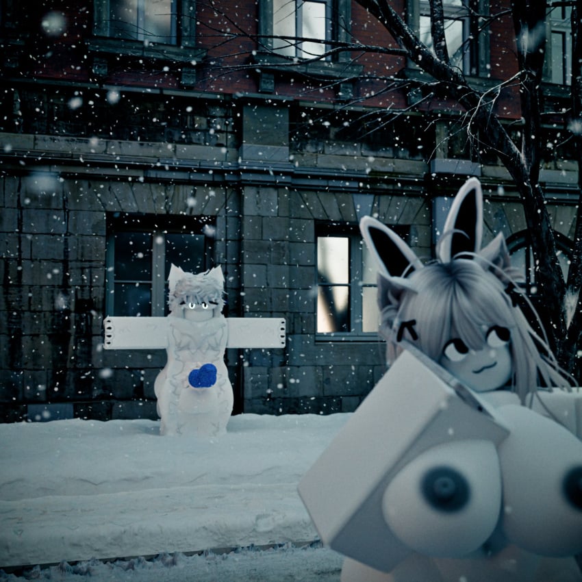 1boy 1girls 3d anthro areolae big_breasts big_penis breasts completely_nude completely_nude_female disguise disguised_male female frosti_cola furry hiding kinny_the_bunny_(kinlyrr) long_hair male naked naked_female nipples nude nude_female penis roblox robloxian snow unaware white_hair