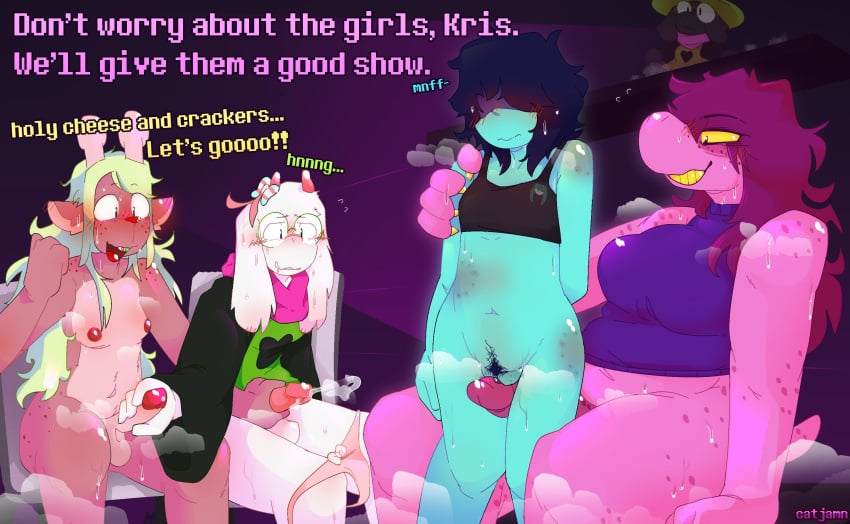 1boy 1girl 2futas 4_fingers anthro antlers big_breasts bite bite_mark bite_mark_on_shoulder bite_mark_on_stomach bite_mark_on_thigh bite_marks biting_lip black_bra black_eyebrows black_fur black_hair black_hearts black_pubic_hair black_sleeves blue_body blue_skin blue_text blush bottomless bow bow_panties bra braces breasts catjam_(artist) catjamn claws clothed clothed_futa clothed_futa_nude_futa clothing covered_eyes cum cumming cumshot cuntboy deer_ears deer_girl deltarune deltarune_chapter_1 deltarune_chapter_2 dialogue digital_media_(artwork) drooling english_dialogue english_text excited eyebrows eyebrows_visible_through_hair eyewear feet_out_of_frame freckles freckles_on_arms freckles_on_body freckles_on_face freckles_on_shoulders freckles_on_thighs furry furry_futa furry_with_furry furry_with_non-furry futa_on_male futa_on_other futanari glasses glasses_on_face goat goat_ears goat_girl goat_horns green_hat green_robe green_shirt green_text grinding group_masturbation hair_covering_eyes hand_behind_back hand_on_another's_penis hand_on_another's_shoulder hand_on_penis hand_on_shoulder handjob hat heart hentai_protagonist_hair horn horns human humanoid imminent_sex kris_(dark_world_form) kris_(deltarune) lizard lizard_girl lizard_humanoid lizard_tail long_hair long_sleeves looking_at_another looking_down masturbation navel nervous nervous_expression nipples no_sleeves noelle_holiday noelle_holiday_(dark_world_form) nude nude_futa nude_futa_clothed_futa onomatopoeia open_mouth panties penis pink_body pink_horn pink_horns pink_panties pink_scarf pink_skin pink_text plush plushie pubes pubic_hair purple_hair purple_topwear pussy ralsei ralsei_plushie ralsei_with_black_fur ralsei_with_white_fur red_blush red_blush_lines red_nipples red_nose red_tongue ribbon robe saliva saliva_trail scalie scalie_humanoid scar scarf shelf sitting sleeveless small_breasts snout standing steam steaming_body stuffed_animal stuffed_toy susie_(dark_world_form) susie_(deltarune) sweat sweat_on_thighs sweatdrop sweating sweating_profusely sweaty sweaty_thighs tail teeth text thighs tongue trans_flag trans_woman transgender transgender_flag transgender_pride_colors tube_top tubetop underwear vaginal very_long_hair white_body white_fur yellow_eyes yellow_sclera yellow_teeth yellow_text