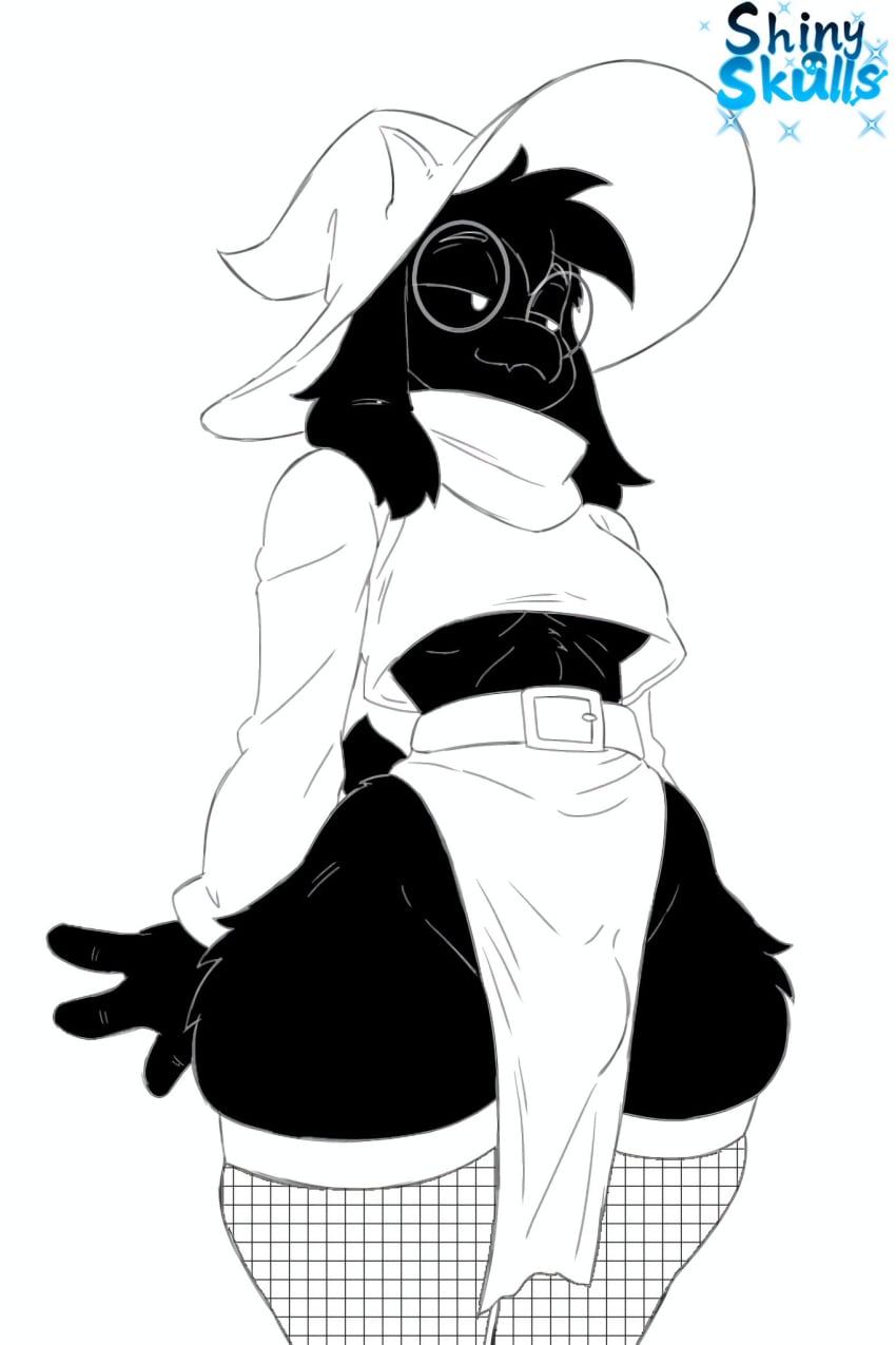 asking_for_it black_and_white bulge bulge_under_clothes crop_top deltarune femboy fishnets furry greyscale omega80473 ralsei ralsei_with_black_fur thick_thighs thigh_highs visible_bulge