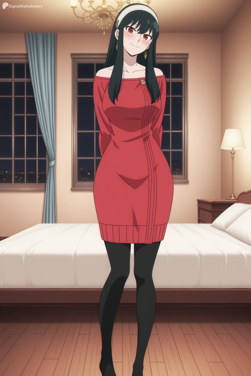 1girl ai_generated arms_behind_back bare_shoulders bed bedroom black_hair black_pantyhose blush breasts closed_mouth collarbone curtains digitalwaifugallery dress earrings full_body hairband hi_res high_quality high_resolution indoors jewelry large_breasts long_hair looking_at_viewer night off-shoulder_sweater off_shoulder on_bed pantyhose patreon pillow red_eyes red_sweater seductive sexy sidelocks smile solo spy_x_family standing sweater sweater_dress uncensored watermark white_hairband window yor_briar