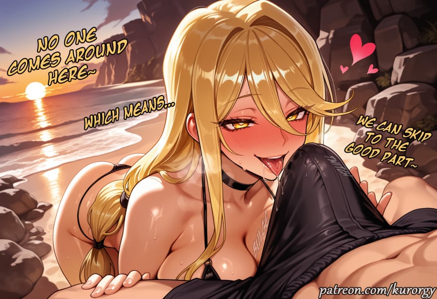 1boy 1girl ai_generated ass beach bikini black_bikini blonde_hair blush breasts bulge choker cleavage english_text erection erection_under_clothes heart hetero highschool_of_the_dead kurorgy large_breasts long_hair saliva shizuka_marikawa swimsuit tongue tongue_out yellow_eyes