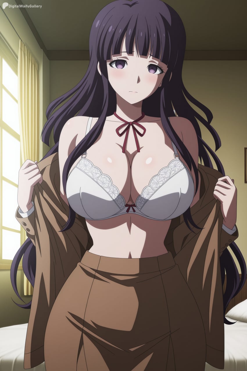 1girl ai_generated bed black_hair blunt_bangs blush bra breasts brown_jacket brown_skirt cleavage closed_mouth collarbone cowboy_shot danganronpa digitalwaifugallery hi_res high_quality high_resolution indoors jacket large_breasts long_hair long_sleeves looking_at_viewer navel neck_ribbon open_clothes patreon purple_eyes red_ribbon ribbon school_uniform seductive sexy skirt solo tsumiki_mikan uncensored underwear undressing watermark white_bra window