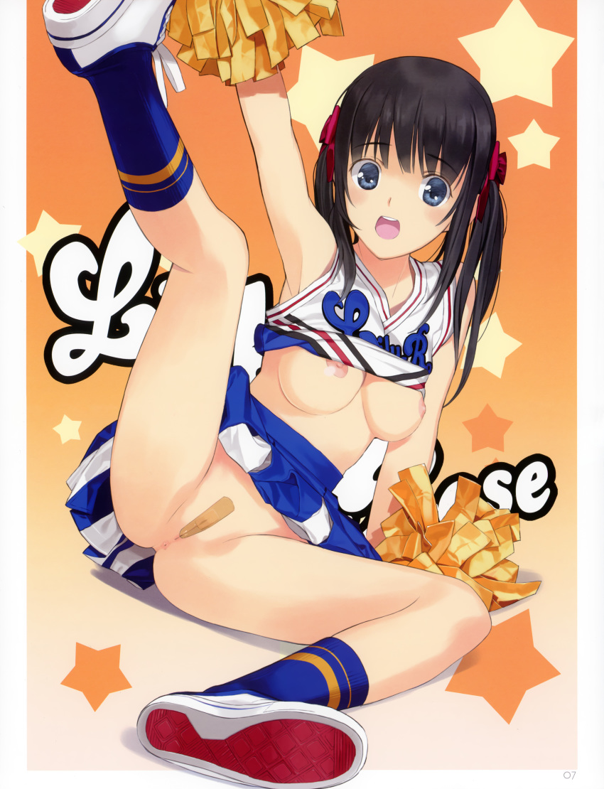 1girls anus arm_up armpits ass bandaid bandaid_on_pussy bare_shoulders black_hair blue_eyes blue_legwear blush breasts cheerleader female hair_ribbon high_resolution leg_lift legs long_hair maebari mibu_natsuki nipples no_panties open_mouth original pom_poms ribbon shirt_lift shoes sitting skirt sneakers socks solo spread_legs tied_hair twintails