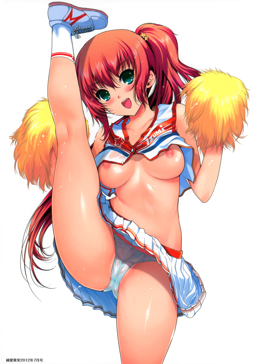 blush breasts cameltoe cheerleader female green_eyes highres kiya_shii long_hair nipples no_bra panties ponytail red_hair solo tied_hair underwear