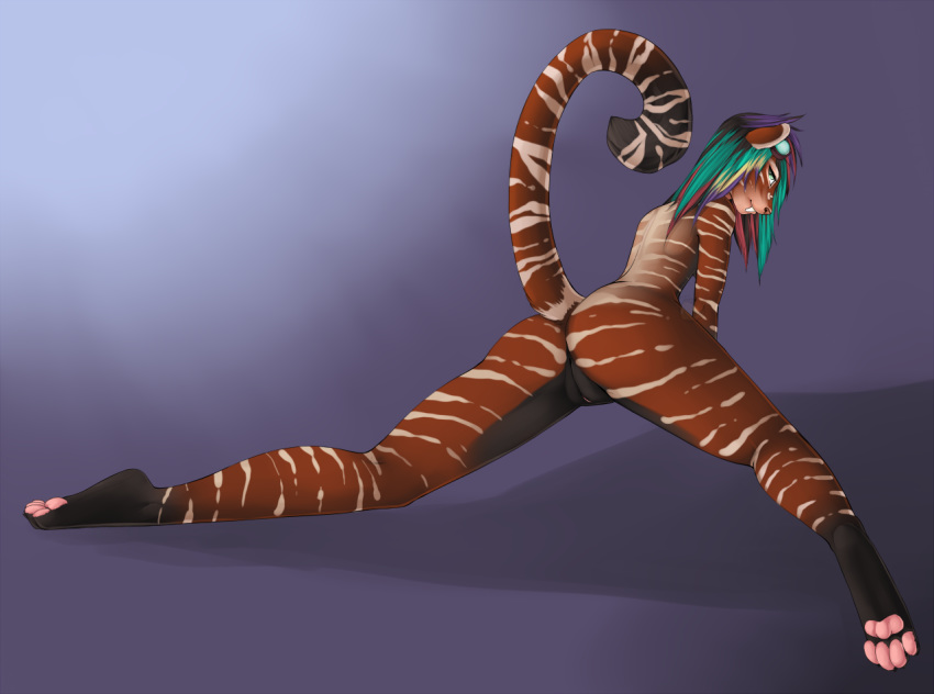 acorn_(artist) anthro ass eyeswear fangs female goggles looking_at_viewer looking_back nude pinup pose presenting pussy raised_tail saberteeth solo stripes