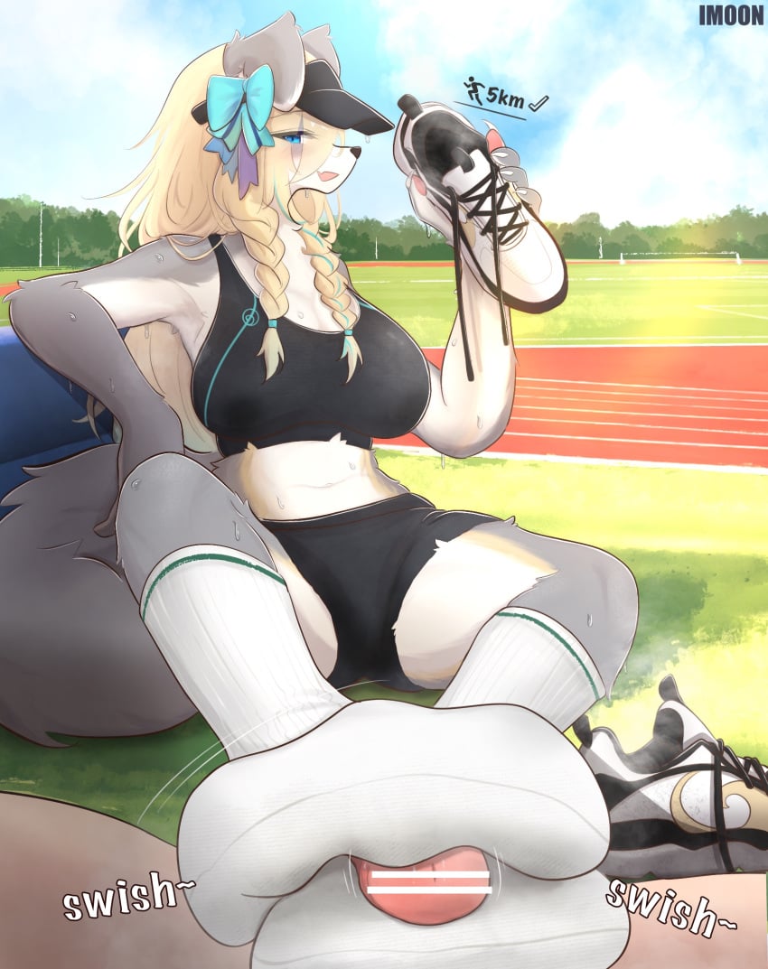 anthro asymmetrical_footwear barefoot blonde_hair blue_eyes blue_sky blush bodily_fluids bow_ribbon breasts canid canine canis claws clothing cloud dirty dirty_clothing dirty_socks duo feet female first_person_view foot_fetish foot_focus foot_play footjob footwear genitals grass hair hi_res human human_on_anthro human_pov interspecies male male/female mammal musk musky_feet nails pawpads paws penis plant plantigrade sex shoes sky smelly smelly_feet smelly_socks sock_fetish sockjob socks soles steamy_feet sweat tail two-footed_footjob white_clothing white_footwear white_socks wolf yimoon640