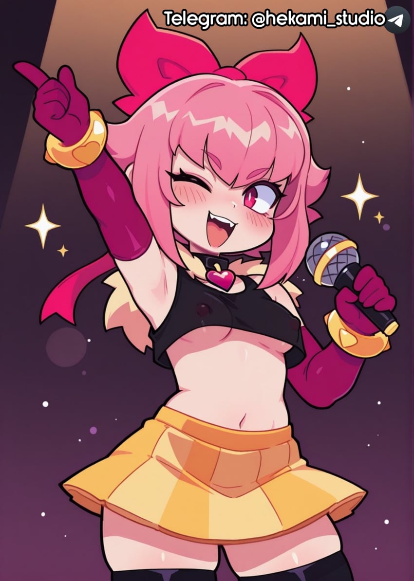 2d ai_generated brawl_stars cute_face femele medium_breasts melodie_(brawl_stars) miniskirt pink_hair