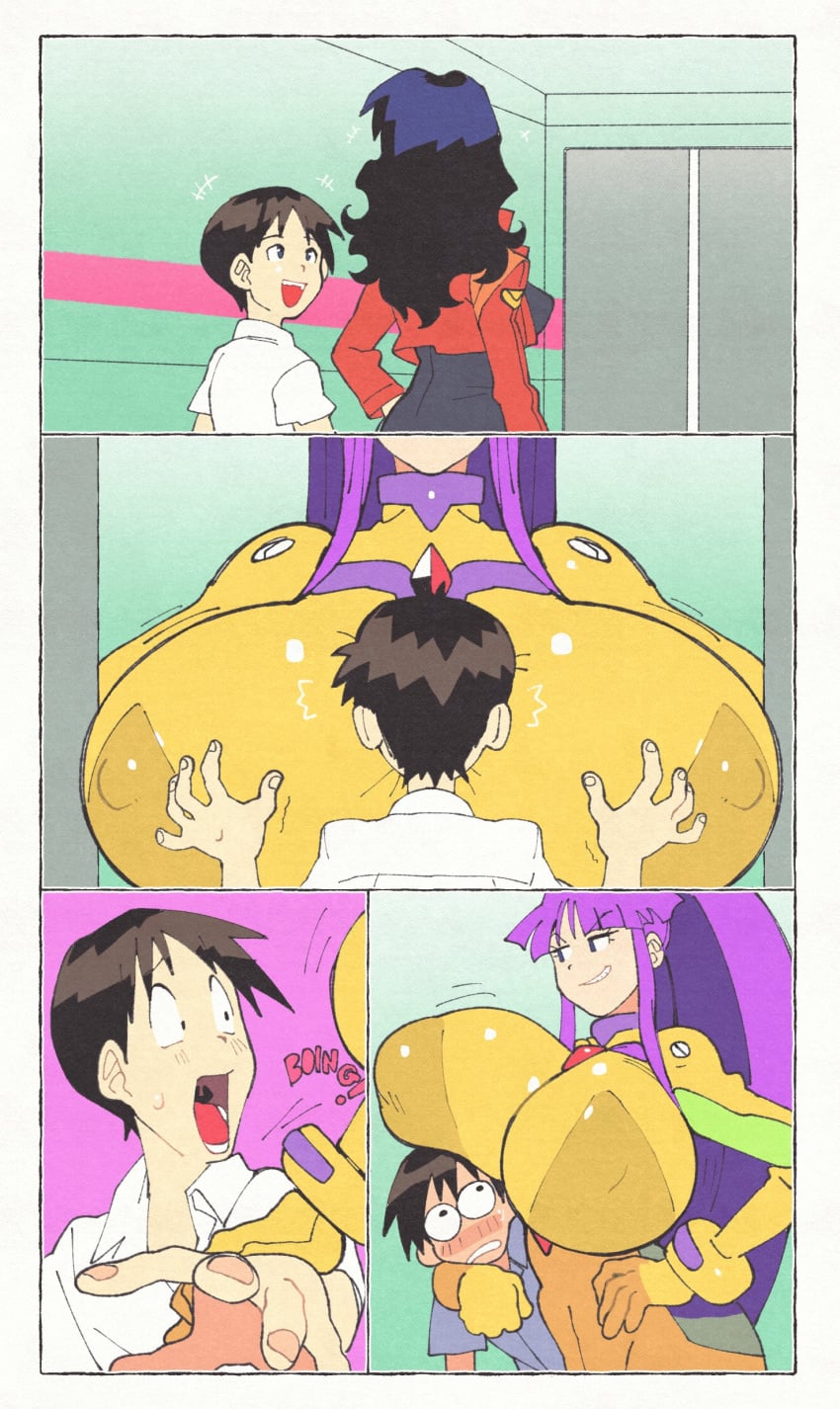 1boy 2girls blunt_bangs bodysuit bow breast_press breasts breasts_bigger_than_head cleavage covered_erect_nipples eiken female hair_tie hand_on_own_hip highres huge_breasts inkerton-kun inkuusan kirika_misono long_hair mecha_pilot_suit miniskirt misato_katsuragi multiple_females multiple_girls neon_genesis_evangelion nipple_bulge open_mouth plugsuit ponytail purple_eyes purple_hair school_uniform shinji_ikari sidelocks skindentation skirt smile smug teeth very_long_hair yellow_bodysuit