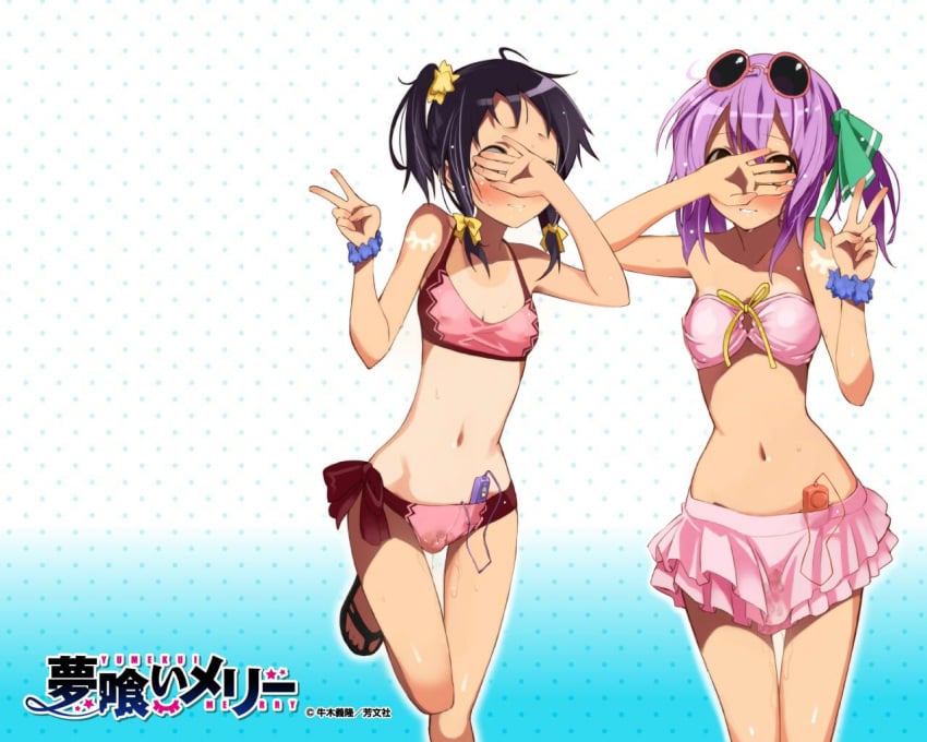 2girls 5:4 ;d bandeau bikini black_hair brown_eyes casual_one-piece_swimsuit checkered checkered_swimsuit covering_face cute_fang derivative_work front-tie_top green_eyes highres kounagi_yui multiple_girls navel one-piece_swimsuit open_mouth photoshop ponytail purple_hair ribbon sandals short_hair side_ponytail smile sunglasses sunglasses_on_head swimsuit tachibana_isana tan tanline tied_hair ushiki_yoshitaka v vibrator wallpaper wet_pussy wink yumekui_merry