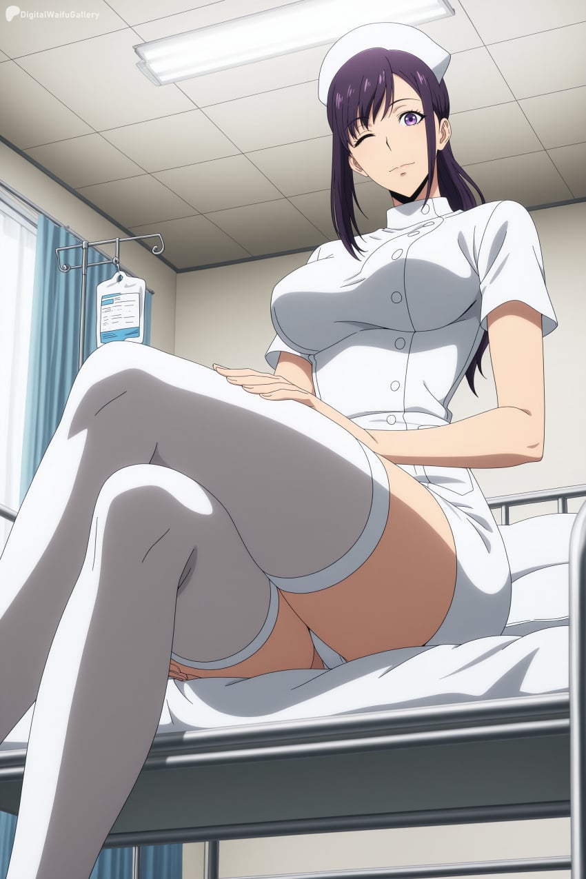 1girl ai_generated bed breasts crossed_legs curtains digitalwaifugallery dress from_below hat hi_res high_quality high_resolution hospital hospital_bed indoors infirmary intravenous_drip large_breasts long_hair looking_at_viewer nurse nurse_cap one_eye_closed panties pantyshot patreon ponytail purple_eyes purple_hair seductive sexy short_sleeves sitting smile solo sung_jin-ah thighhighs thighs uncensored underwear watermark white_dress white_panties white_thighhighs