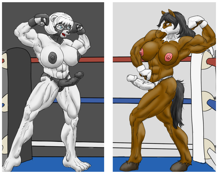 abs bear biceps big_breasts breasts couple dildo equine female fighter flexing gloves hellbridge hooves horse mask muscles muscular_female nipples penis pussy ring sex_toy strapon