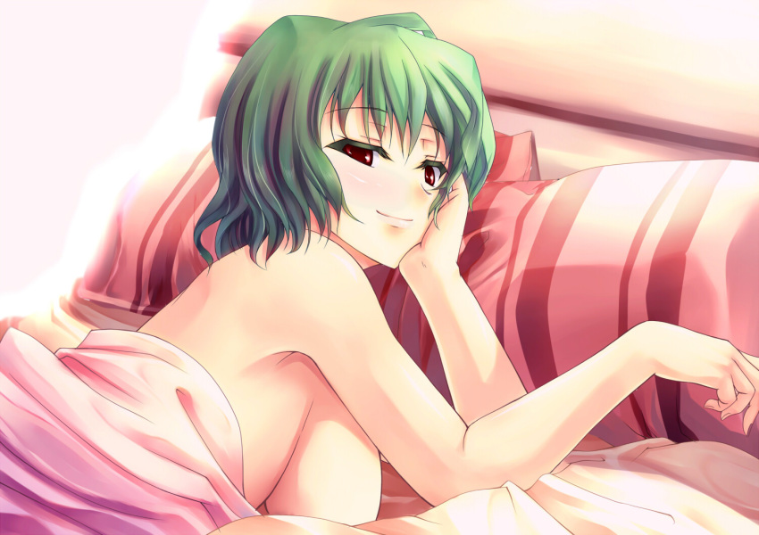 1girls afterglow bed blush breasts eyelashes female green_hair kinntarou large_breasts looking_at_viewer naked_sheet nude on_stomach red_eyes short_hair sideboob smile solo touhou youkai yuka_kazami