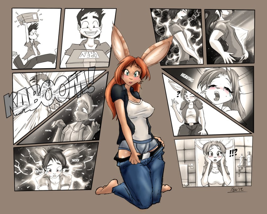 1boy 2girls anthro areola blush breasts cleavage curvy erect_nipples female fur furry gender_transformation genderswap human lagomorph large_breasts looking_at_viewer mail male mtf_transformation nipple_bulge nipples no_bra rabbit species_transformation tgwonder transformation