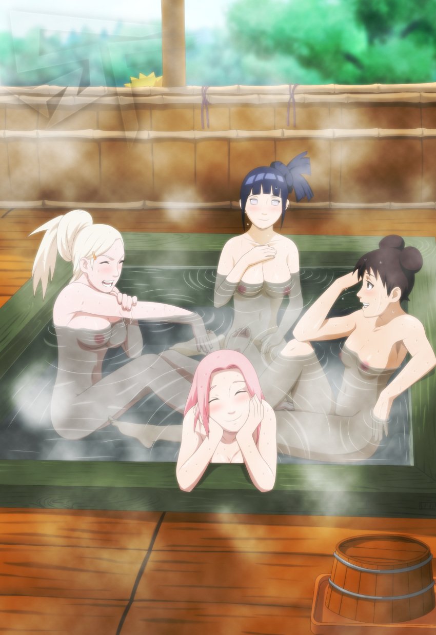 4girls accurate_art_style adult_swim bath blush breasts female female_only fp hot_springs human hyuuga_hinata ino_yamanaka large_breasts multiple_girls naruto naruto_shippuden nipples sakura_haruno small_breasts stiky_finkaz tenten toonami uzumaki_naruto water