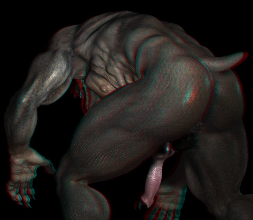 3d 3d_anaglyph anaglyph ass erection knot male muscles nipples nude penis pose solo unknown_artist werewolf